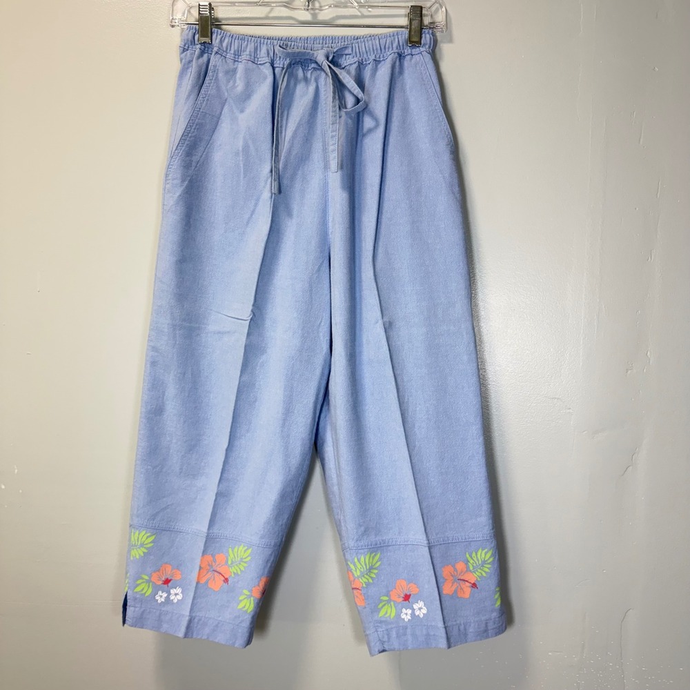 Jane Ashley Petite Vintage Blue Cotton Crop Pants Floral Tropical Embroidered PS